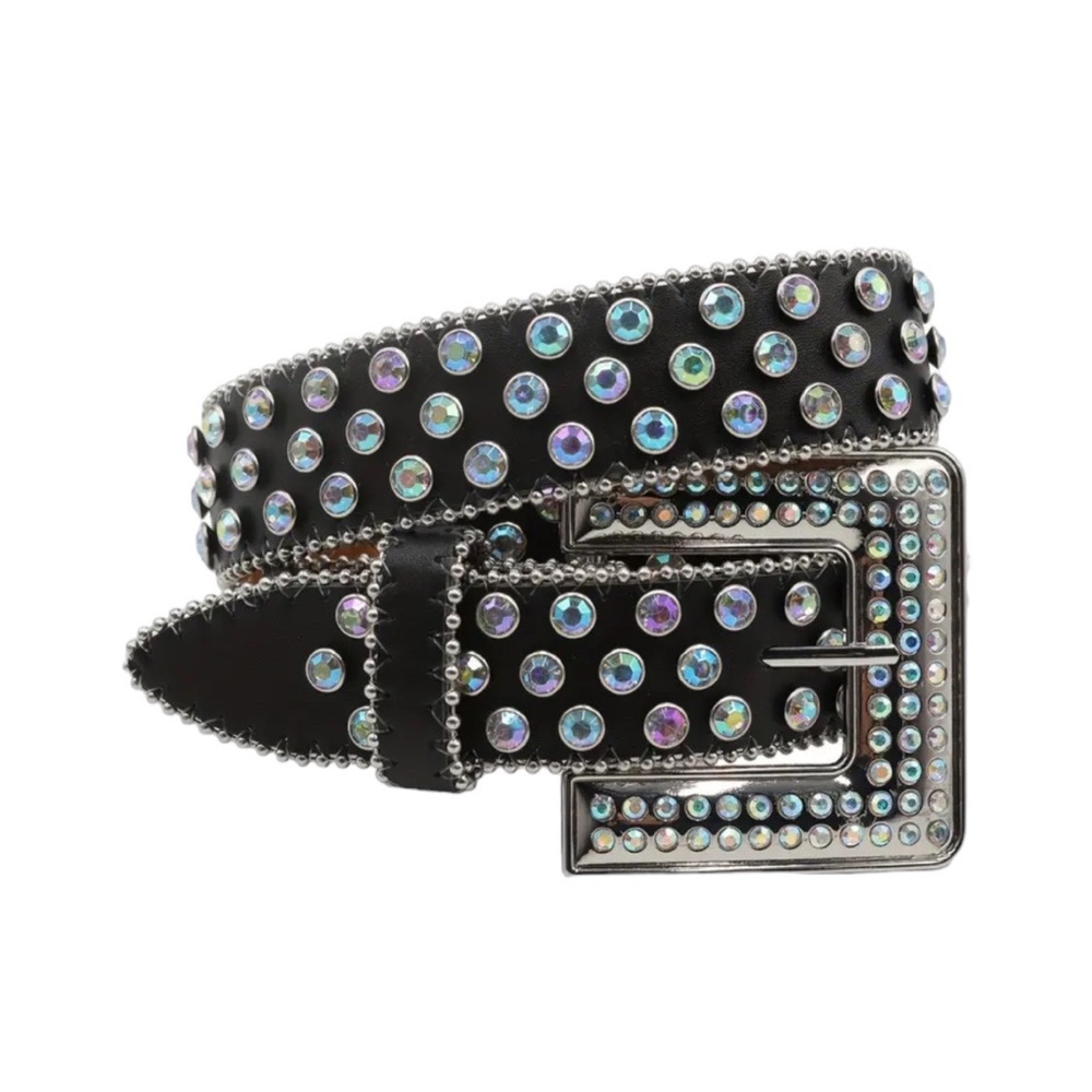 Men’s Black Diamond Rhinestone Leather Square Buckle Belt Size 42